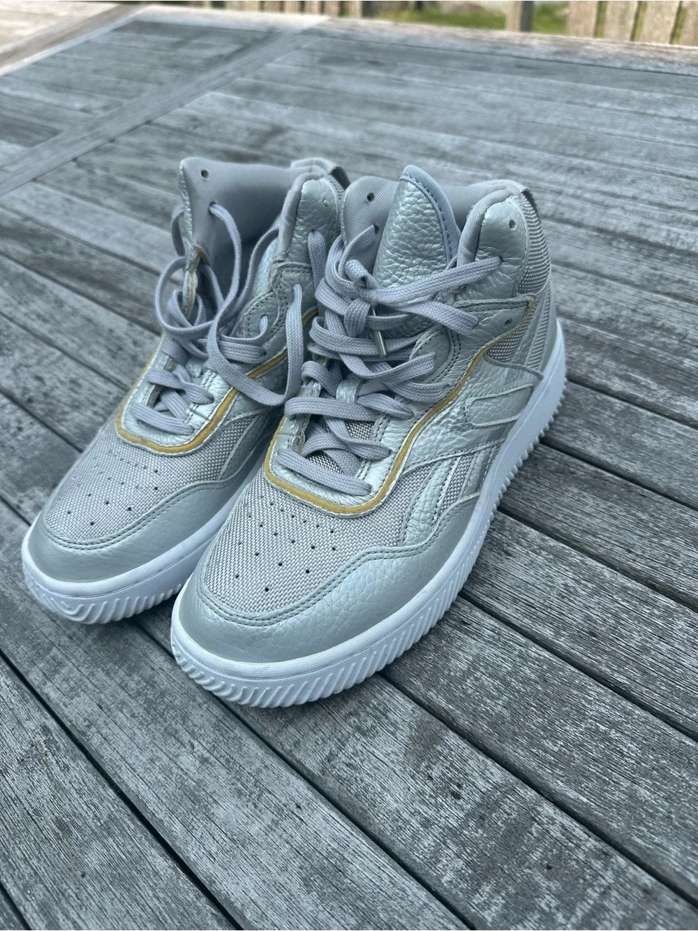 Reebok Silver Metallic High-Top Sneakers with Gold Accent